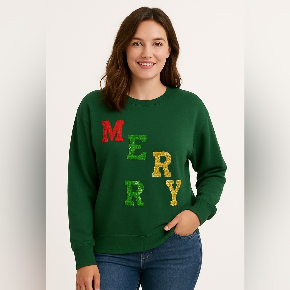 Rockin’ Around “MERRY” Sequin Christmas Sweatshirt Green Holiday Pullover XXL